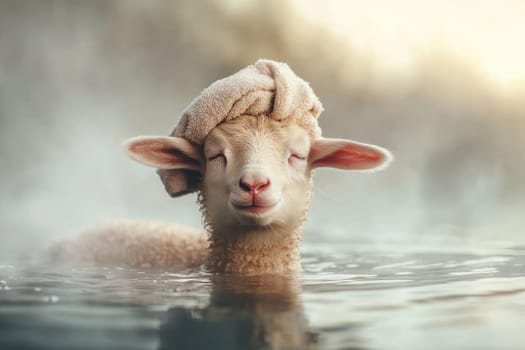 Cozy little lamb relaxing in water with towel on its head.