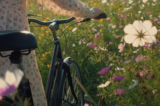 A serene close-up of a bicycle resting in a vibrant field filled with colorful flowers, capturing the essence of nature's beauty and peaceful outdoor moments.