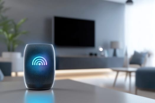 Smart home setup featuring voice assistant device in modern living room.