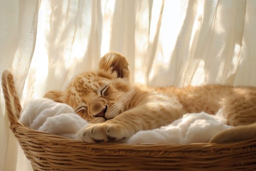A charming lion cub peacefully dozes in a cozy basket, surrounded by soft fluff. The warm sunlight highlights its adorable features, evoking a serene and intimate moment.