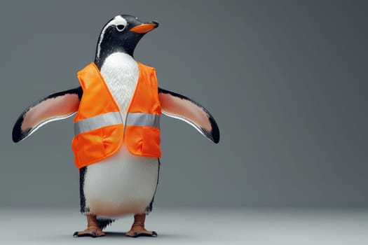penguin wearing bright orange safety vest stands confidently.