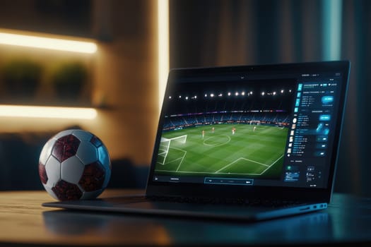 laptop displaying soccer game with ball nearby, creating excitement.