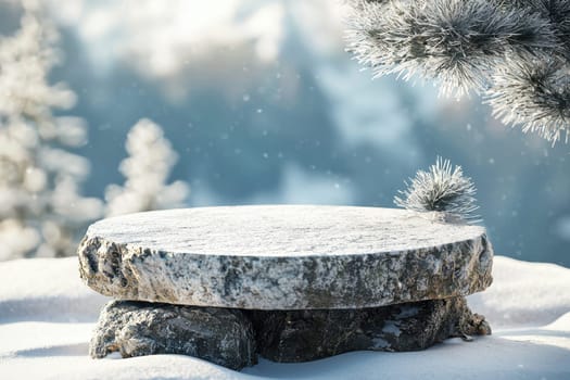 A serene snowy landscape featuring a stone surface gently covered in snow, with pine branches adding a touch of nature's beauty in winter light.