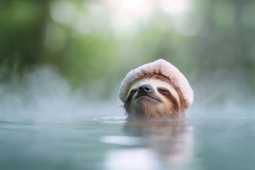 humorous sloth enjoying relaxing bath in serene setting.
