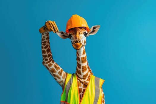 charming giraffe in neon vest and hard hat poses confidently.