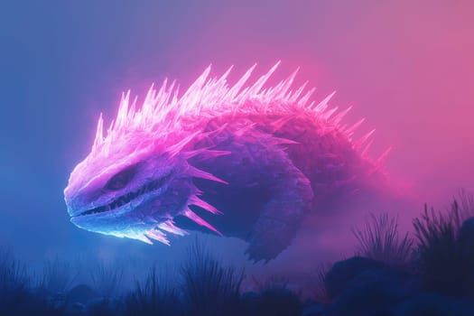 glowing, thorny creature emerges in misty, colorful landscape.