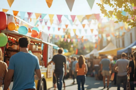 lively food truck festival with colorful bunting and bustling crowd.