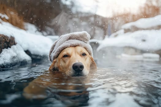 charming dog relaxing in snowy hot spring, wearing towel.