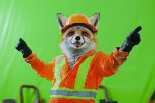 playful fox wearing construction helmet and safety gear, smiling cheerfully.