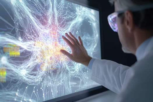 Scientist interacting with holographic interface, exploring data visualization.