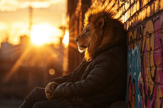 lion in padded winter jacket poses against sunset backdrop.
