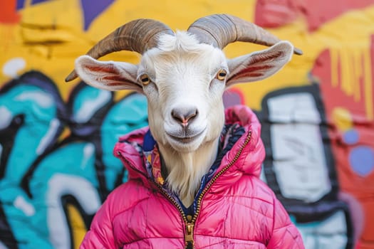 goat wearing quilted winter jacket poses against colorful graffiti wall.