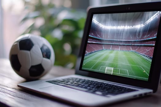 Online sports betting with laptop showing soccer stadium and ball.