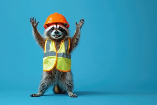 raccoon in safety vest and helmet joyfully poses with arms raised.