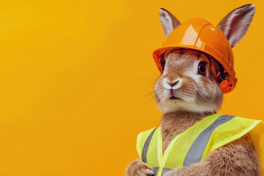 Inquisitive rabbit wearing hard hat and safety vest on yellow background.