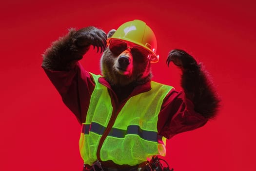 playful bear in neon safety gear striking dab pose with confidence.