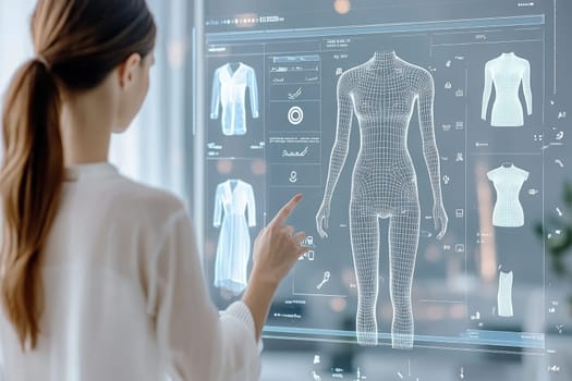 woman interacting with virtual fashion design interface, creating custom outfits.