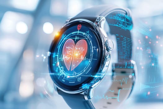 Smart watch displaying biometric data and heart rate monitoring.