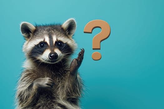 Curious raccoon with question mark on blue background, evoking wonder.