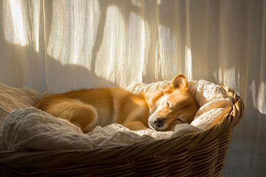 A serene dog resting deeply asleep in a cozy basket, bathed in soft sunlight. This image captures peaceful moments of tranquility and comfort at home.