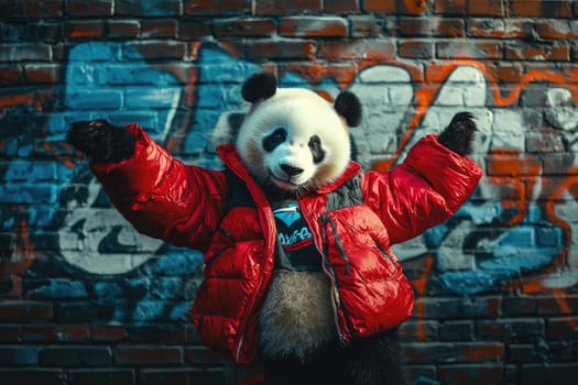 panda bear in red padded winter jacket poses playfully against graffiti wall.