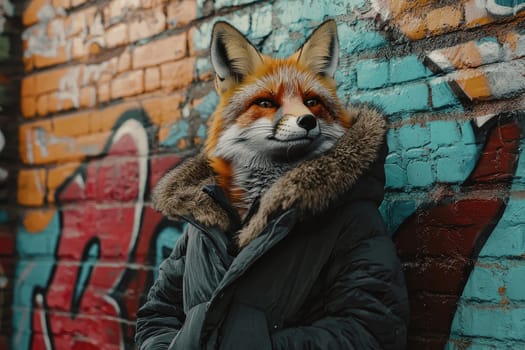 stylish fox wearing heavy winter coat stands against colorful graffiti wall.