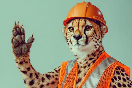 Cheetah wearing bright orange safety gear and helmet, waving cheerfully.