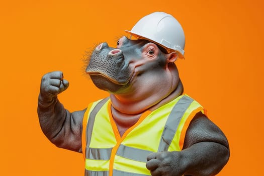 humorous portrait of hippo in safety vest and hard hat.