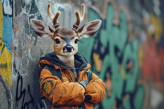cute deer in warm jacket dabbing against colorful graffiti.