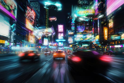Cityscape at night with vibrant holographic advertisements and moving cars.