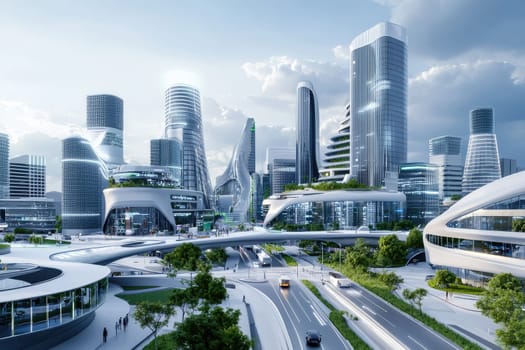 Futuristic cityscape with interconnected smart buildings and greenery.