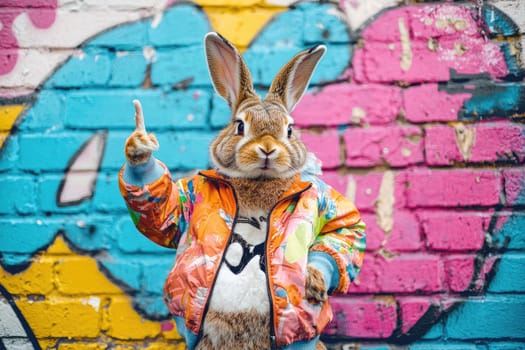 rabbit in colorful bomber jacket poses confidently against vibrant wall.