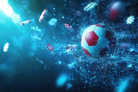 Soccer ball surrounded by digital elements and betting symbols, vibrant energy.