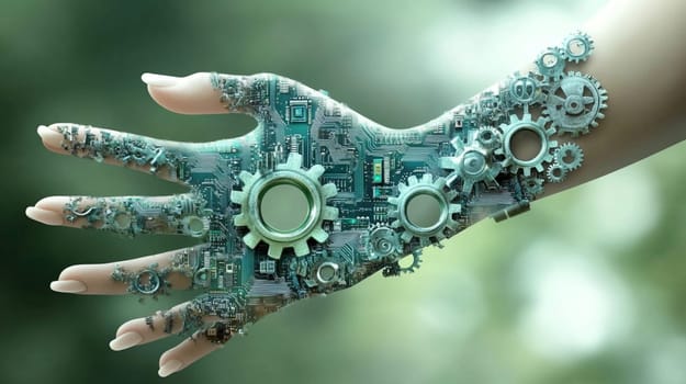 Hand transforms with circuits and gears, merging humans and tech, evoking ai, biomechanics, and tech's impact on us