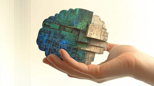 Hand is gently holding a digital brain made of circuits and data, representing the concept of artificial intelligence. The image evokes innovation, technology, and the future of intelligence