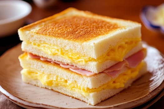 Crispy toasted sandwich with ham and melted cheese isolated background, Breakfast food, Closeup.