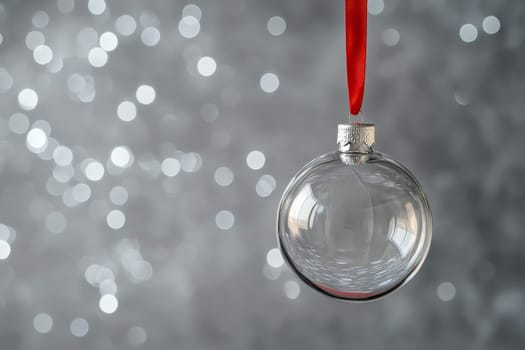 transparent glass Christmas bauble hanging on a red ribbon with space for text on a bokeh background.