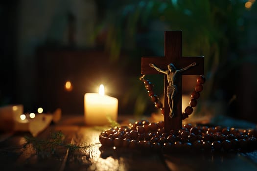 A close-up of a wooden rosary and crucifix on a wooden table, with a burning candle in the background..