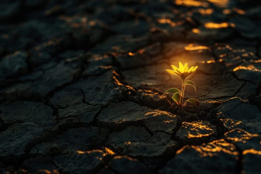 A close-up of a small plant growing in cracked, dry soil, symbolizing environmental change and resilience.