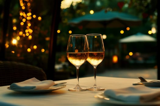 A romantic candlelit dinner table setting with two glasses of white wine..