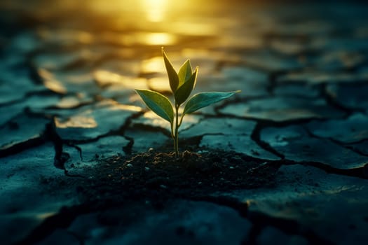 A close-up of a small plant growing in cracked, dry soil, symbolizing environmental change and resilience.