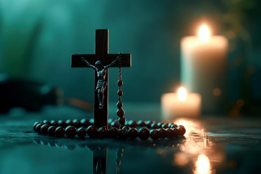 Rosary with wooden cross on table with candle light background , peaceful concept --ar 3:2 --quality 2 --v 6.1 Job ID: 4de8dc68-095d-44be-8d20-595dfdbcb0ca