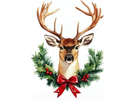 Christmas deer head with red bow and Christmas wreath, oil pastel watercolor on white background, in the style of Nene Thomas, highly detailed, no shadows. --ar 3:2 --v 6.1 Job ID: 8d6da604-7714-4e89-802e-3348d4b9797a