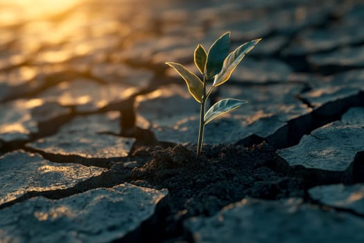 A close-up of a small plant growing in cracked, dry soil, symbolizing environmental change and resilience.
