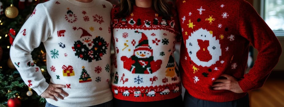 3 person celebrating Christmas Eve with wear their funnest ugly Christmas sweater. --ar 3:2 --v 6.1 Job ID: 2612c854-628f-4cdd-9a35-ee97a84175bd