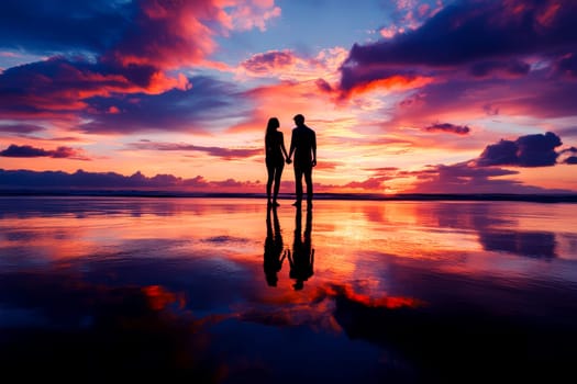 A couple is standing on the beach at sunset with a red sky. AI. High quality illustration