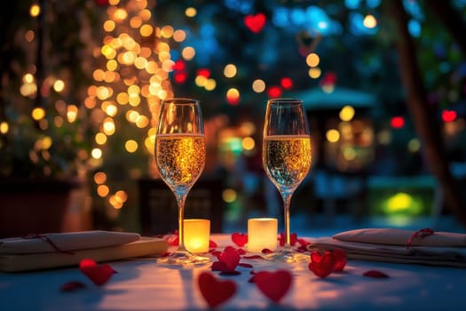 A romantic candlelit dinner table setting with two glasses of white wine..