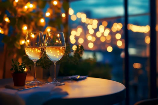 A romantic candlelit dinner table setting with two glasses of white wine..