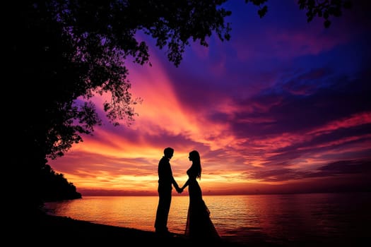 A couple is standing on the beach at sunset with a red sky. AI..