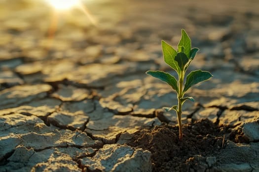 Young plant grow on dry, cracked soil. Shows that there is hope in life and can always start over. Little sun shine light --ar 3:2 --v 6.1 Job ID: 6e2dc8f8-7287-4cb6-8643-9df6229328e1